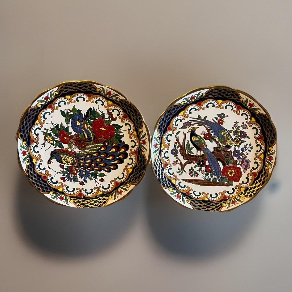 Faros Keramik 22 Gild Paradissi Rhodes‎ Hand Painted Greece Floral Birds 7 1/4"